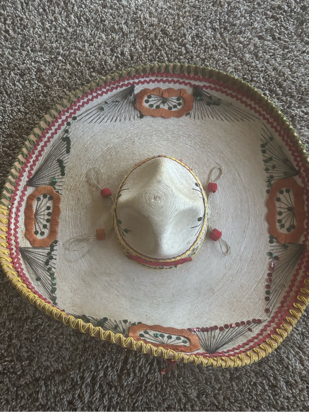 Handcrafted Natural Straw Sombrero with Orange and Red Accents